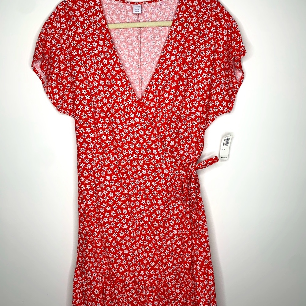 Red Floral Wrap Cotton Dress